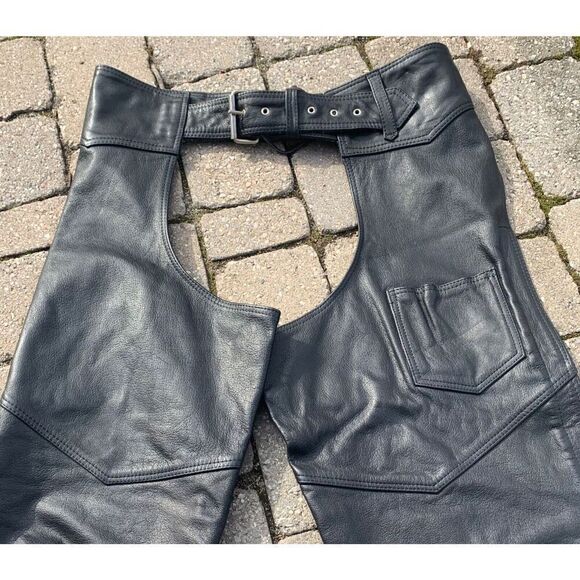 Hudson Genuine Leather Motorcycle Biker Moto BLACK Chaps Pants Size UNISEX XL - Picture 3 of 9